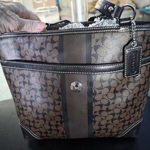 Coach Brown and Black Signature Shoulder Bag